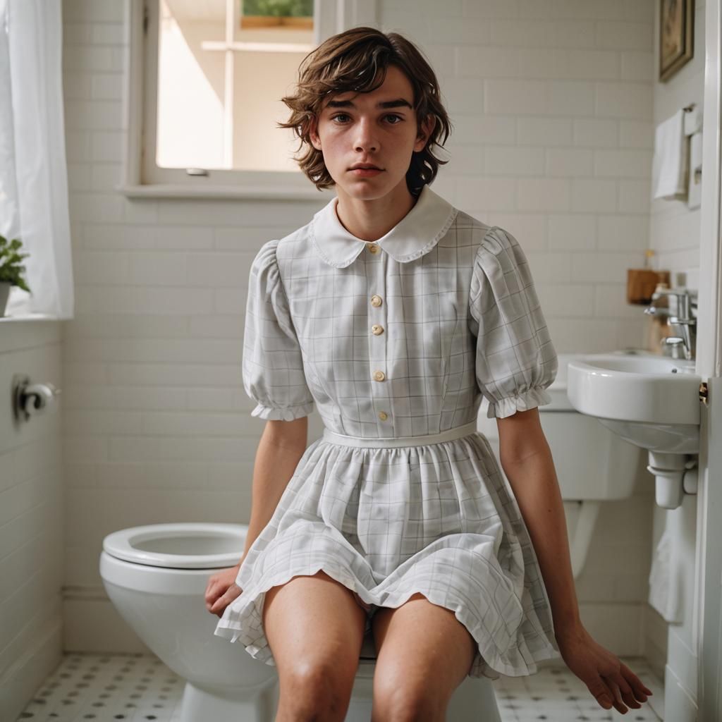 Boy Crossdressing in Plaid Dress: Conceptual Portrait