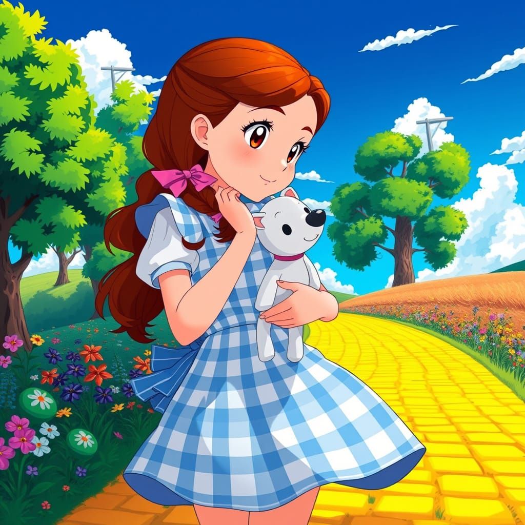 Gingham-Dressed Girl Walks Down Yellow Brick Road in Anime S...