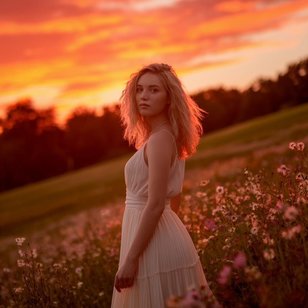 Serene Sunset Portrait of a Young Woman in a Lush Meadow