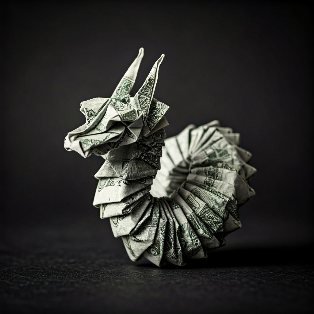 Dragon Made of US Dollar Bills in Origami Style