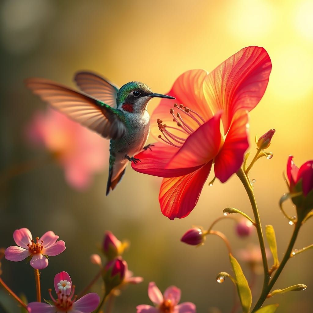 Emerald Hummingbird Amidst Vibrant Wildflowers in Golden Lig...