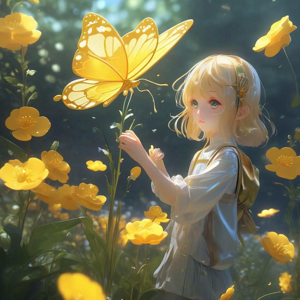 Golden Butterfly Near Flower in 3D Anime Art