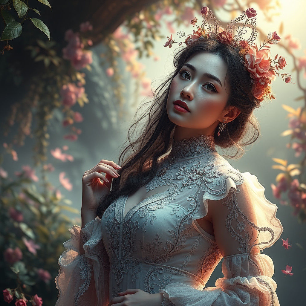 Enchanting Woman in Dreamlike Sci-Fi Landscape