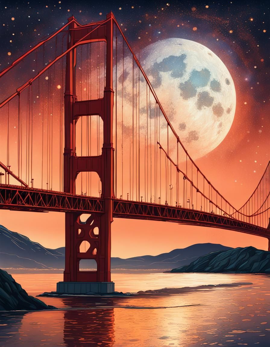 Golden Gate Bridge at Night: Moon and Stars