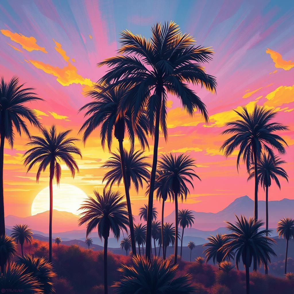 Alien Sunset with Palm Trees as Digital Painting