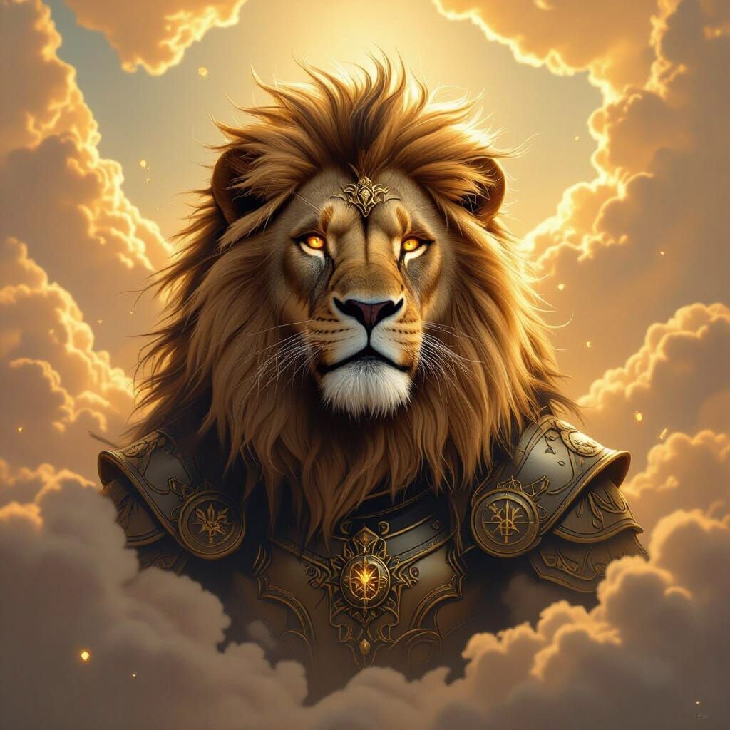 Majestic Lion Emerging from Golden Clouds in Digital Art