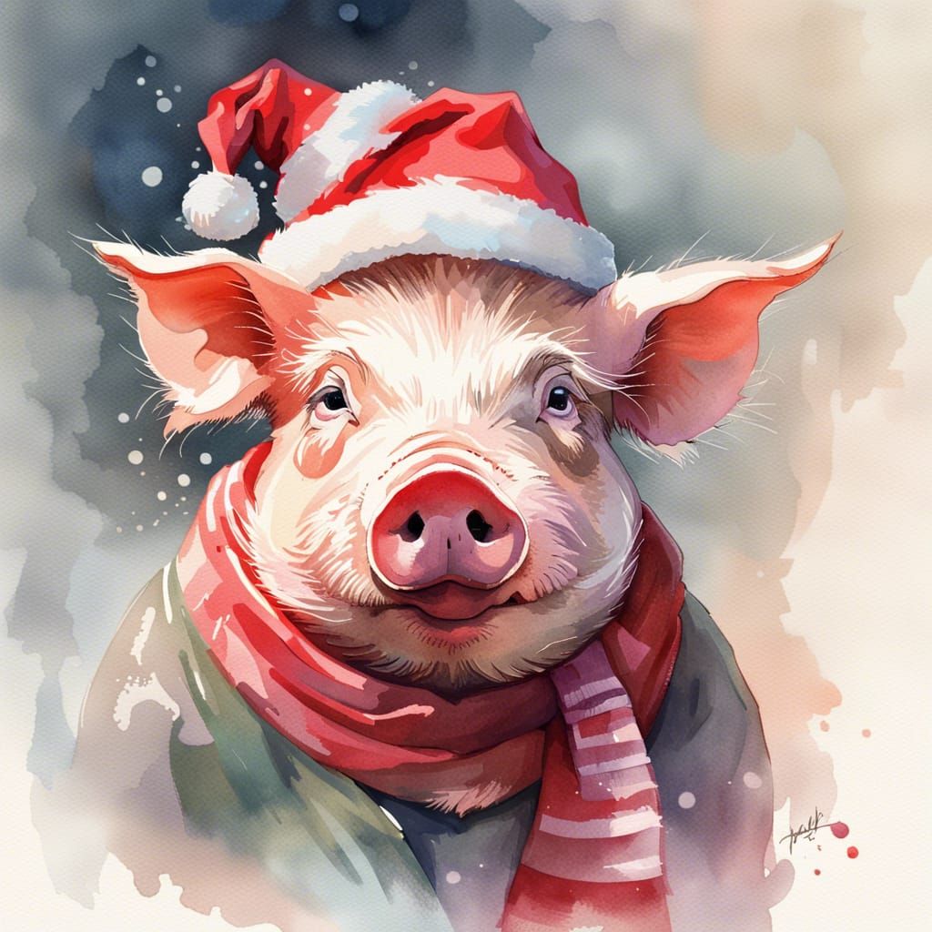 Festive Pig Portrait in Watercolor Style