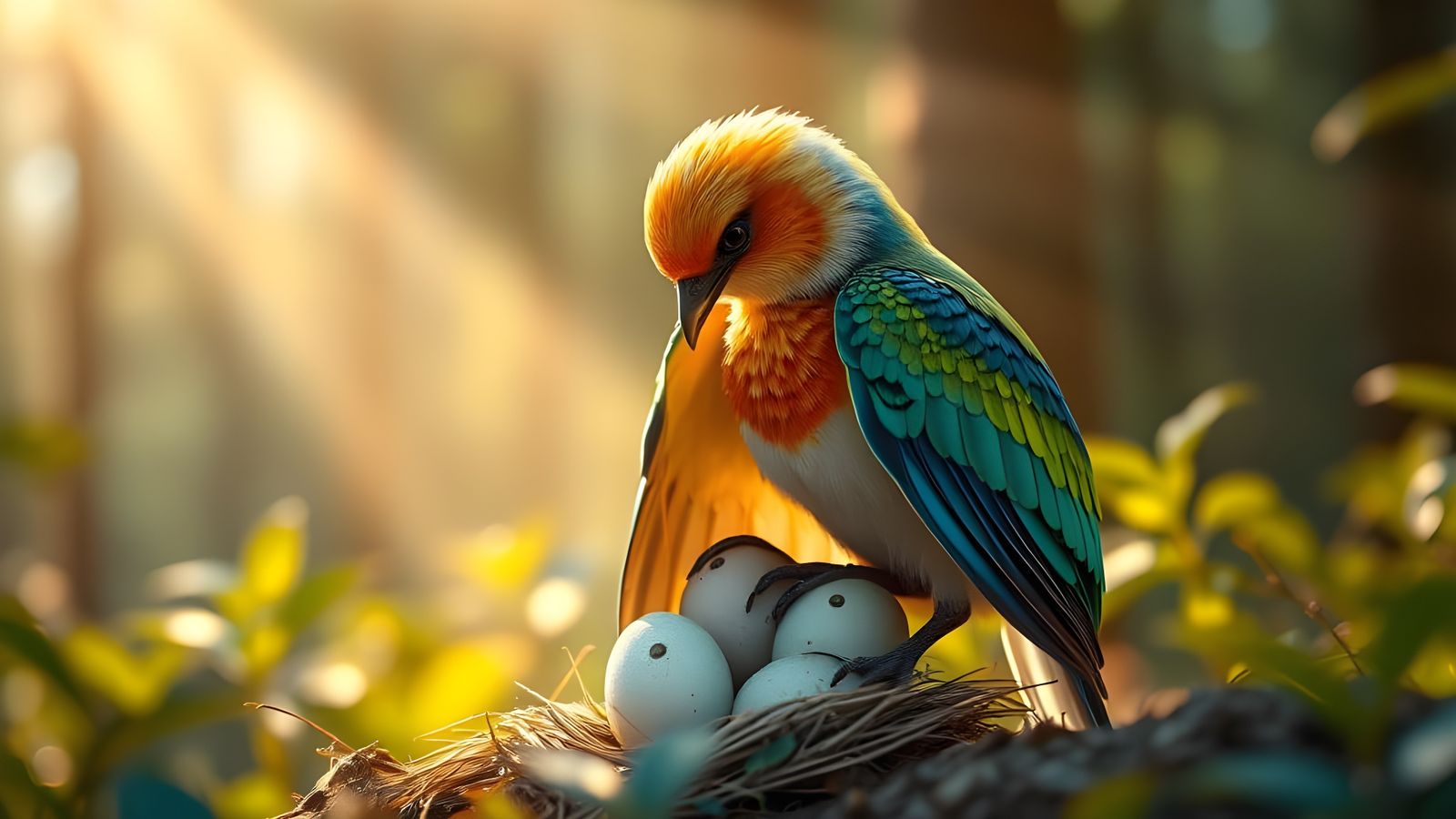 A Radiant Forest Bird's Tender Moment