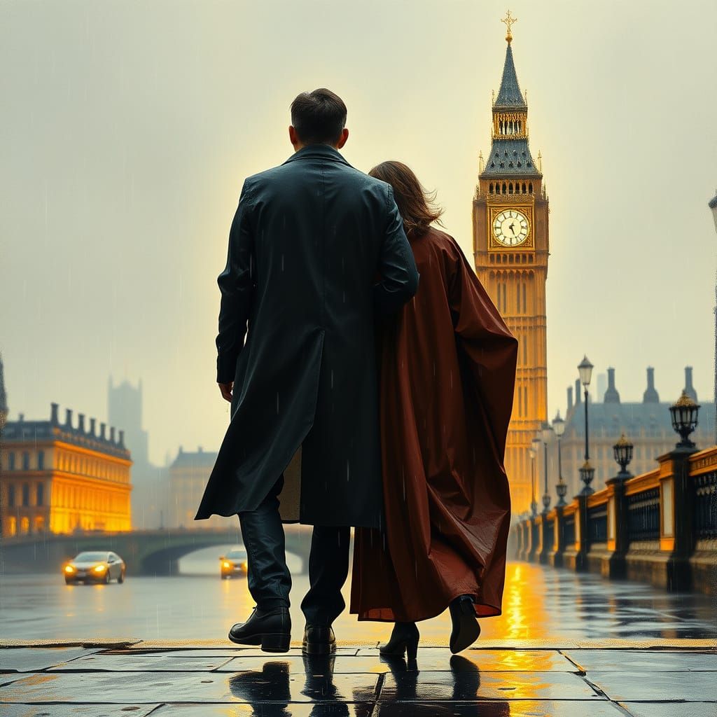 Silhouetted Couple Embrace in Rainy London, Impressionistic ...