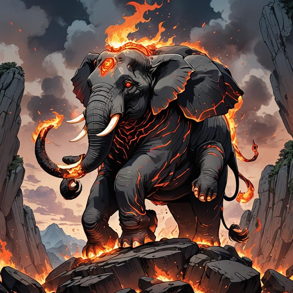 Anime Fire Elephant on Rocky Outcropping