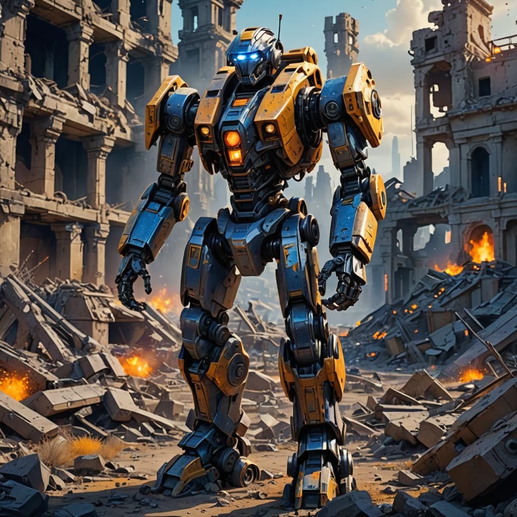 War Robot Amid Battlefield Ruins in Fantasy Art