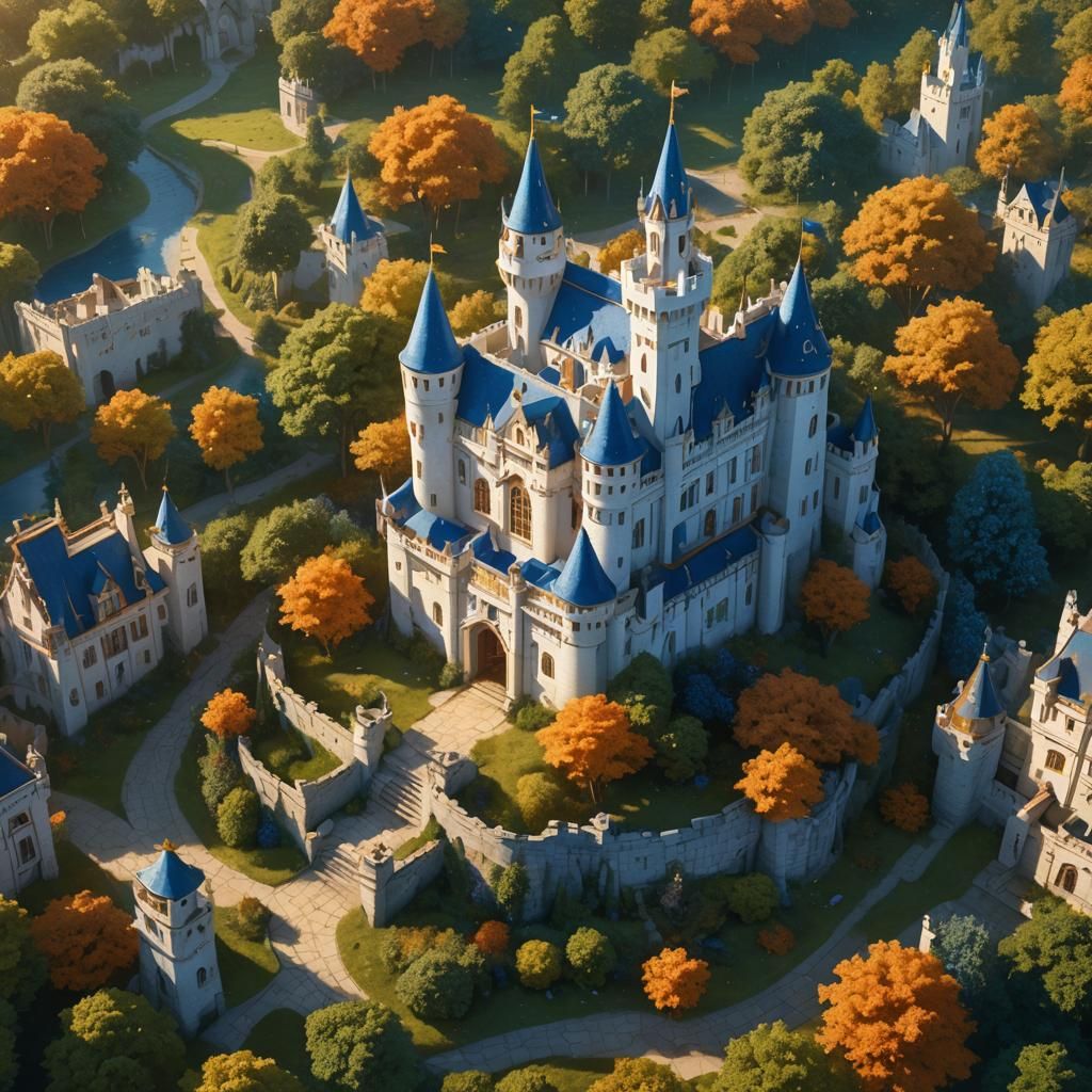 Fantasy Castle in Summer Court, Detailed Matte Painting