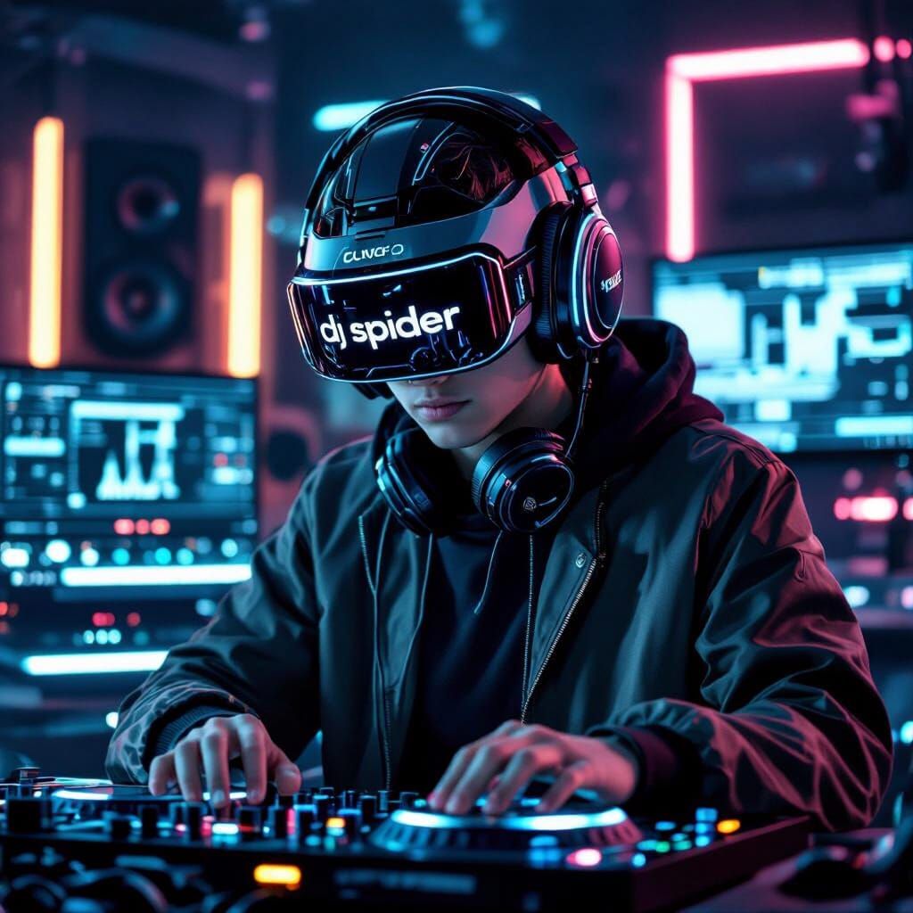 Futuristic DJ with Neon Helmet in Digital Art Style