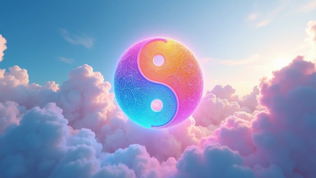 Surreal Yin-Yang Circle in Hyper-Realistic Blue Sky with Rai...