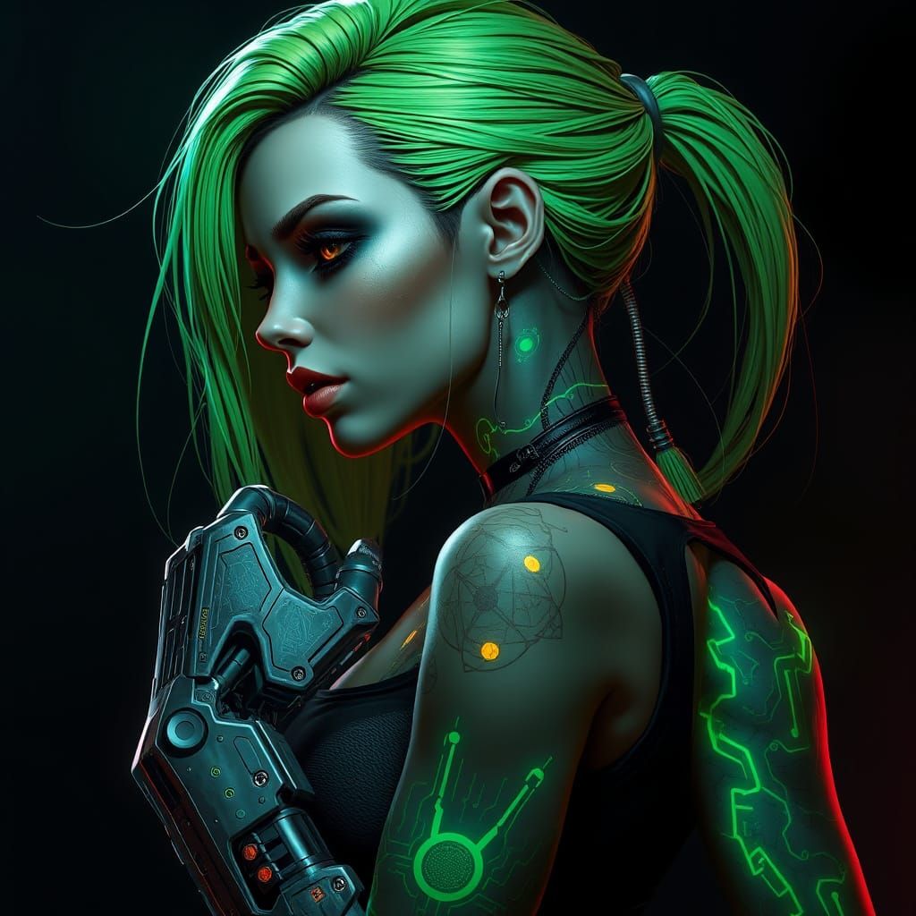 Cyberpunk Goddess with Neon Circuitry Tattoos and Dark Green...