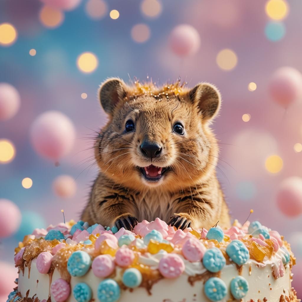 Smiling Quokka on Cake: Digital Art Illustration