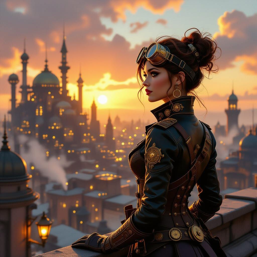 Steampunk City Rooftop View with Woman in Goggles
