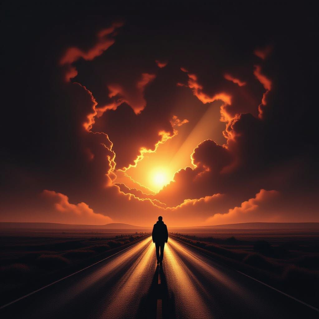 Solitary Figure on Illuminated Road in Dramatic Matte Painti...