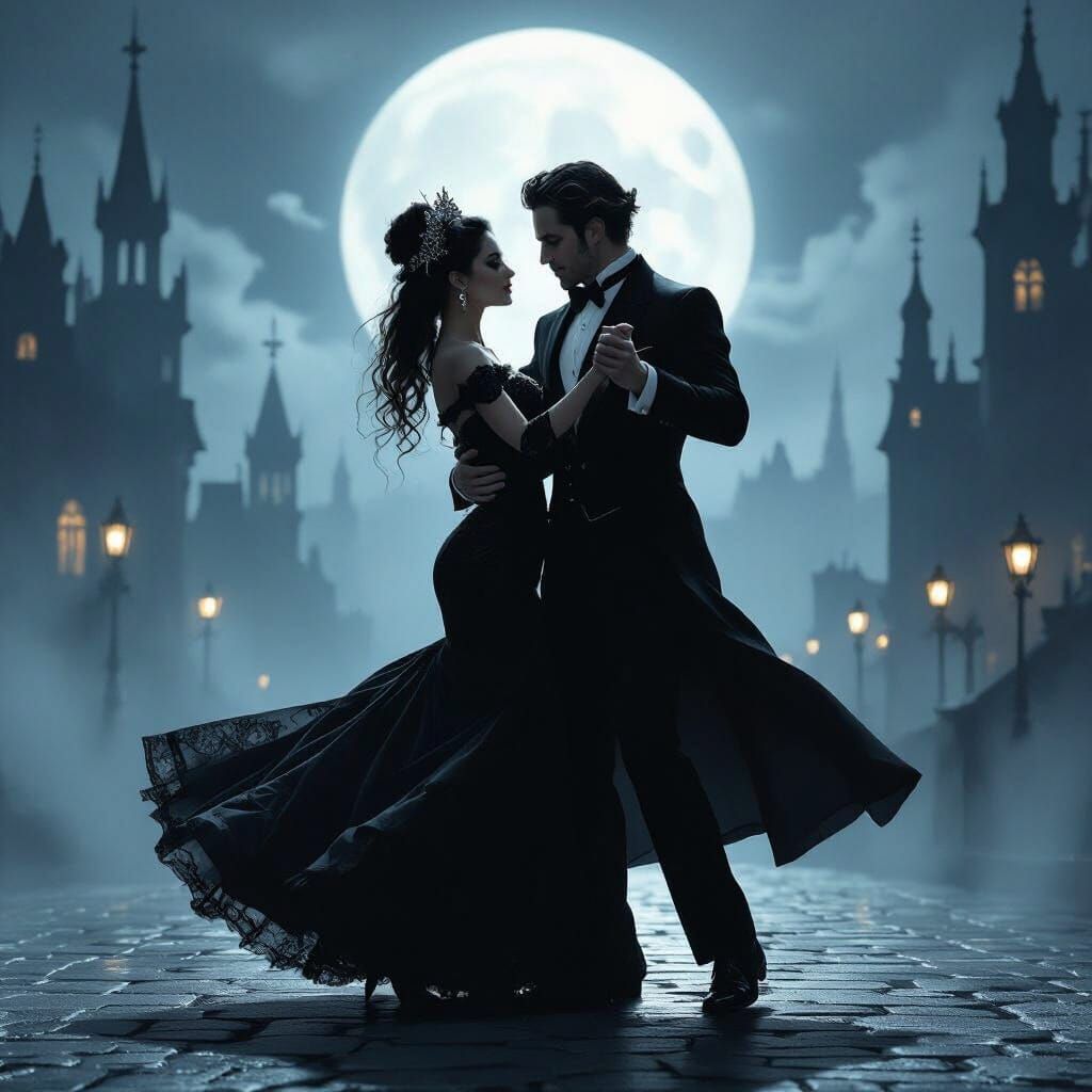 Gothic Couple Dancing in Moonlit Cityscape
