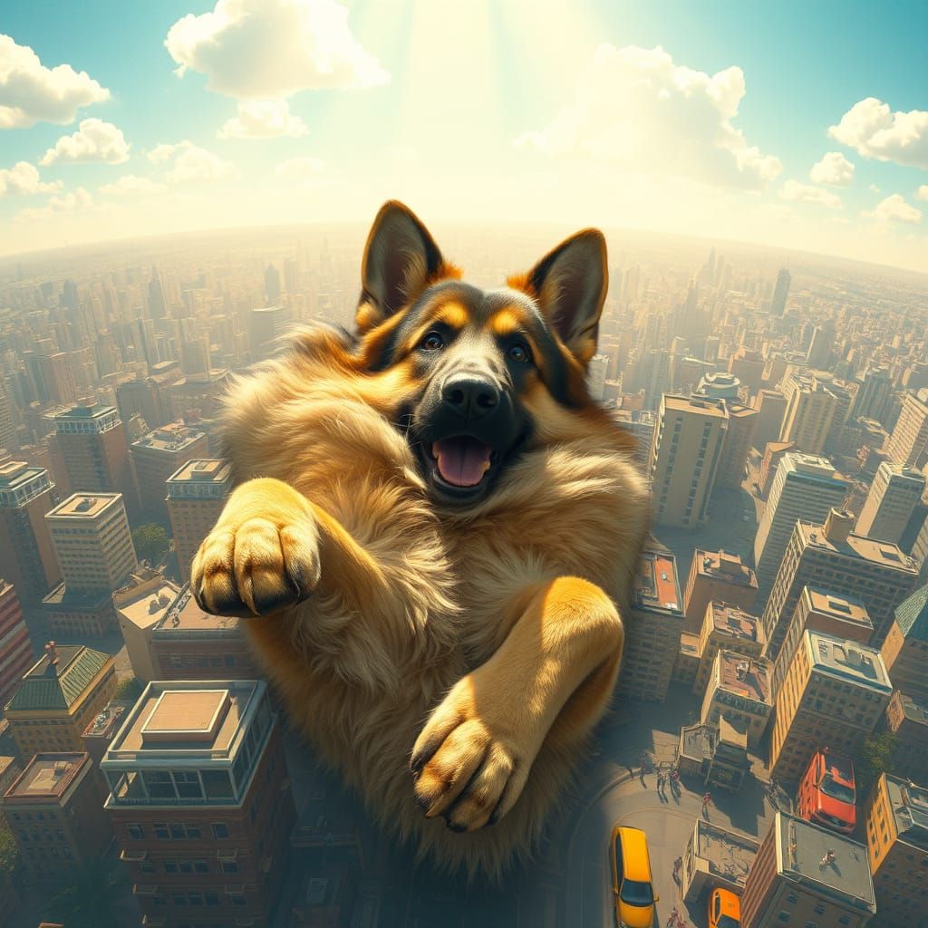 German Shepherd Chases City Life in Whimsical Illustration