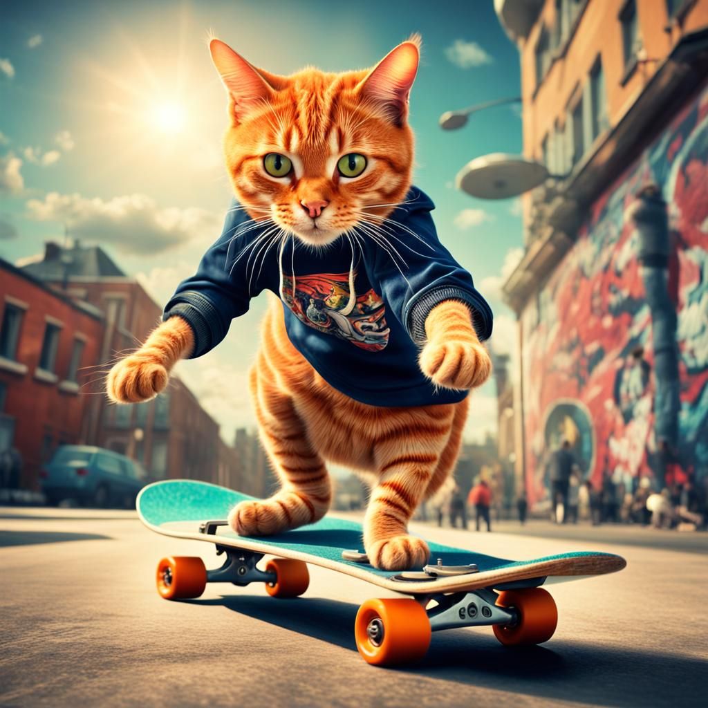 Hip Hop Cat Shreds on Skateboard: Hyperrealistic Digital Art