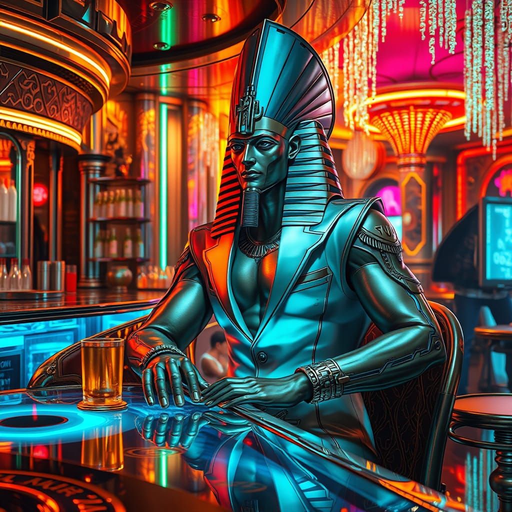 Cyberpunk Egyptian God at a Chrome Bar