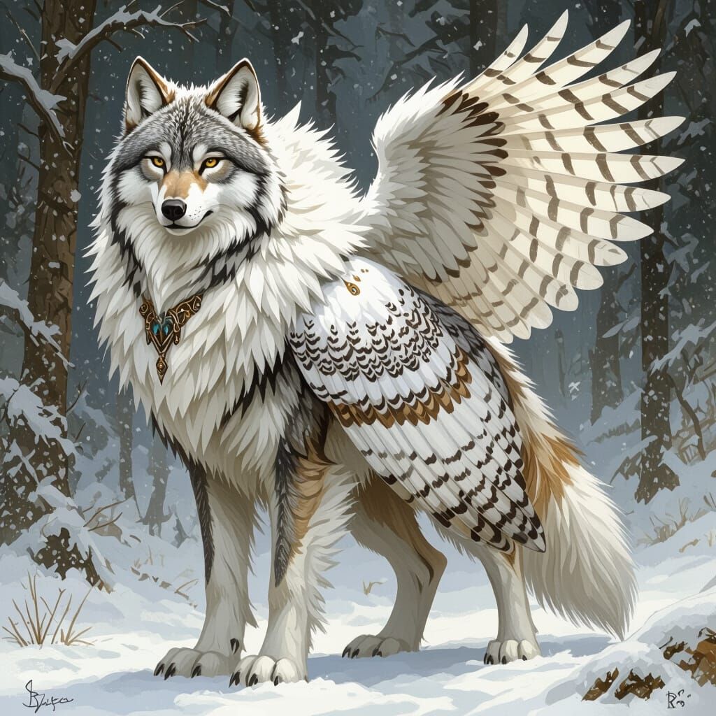 Majestic Wolf-Owl Creature in a Furry Coat