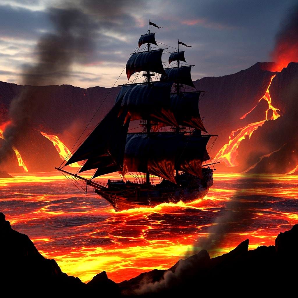 Black tall ship sailing on a vast sea of magma