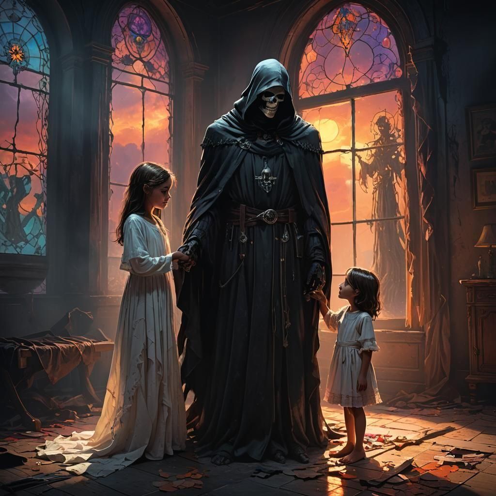 Grim Reaper and Girl at Sunset: Hyperdetailed Concept Art