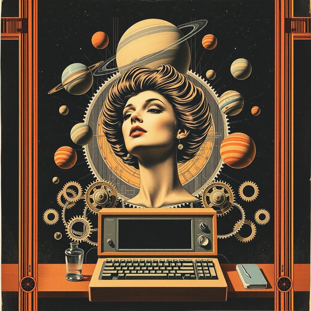 Retro-Futuristic Collage of Woman and Planets