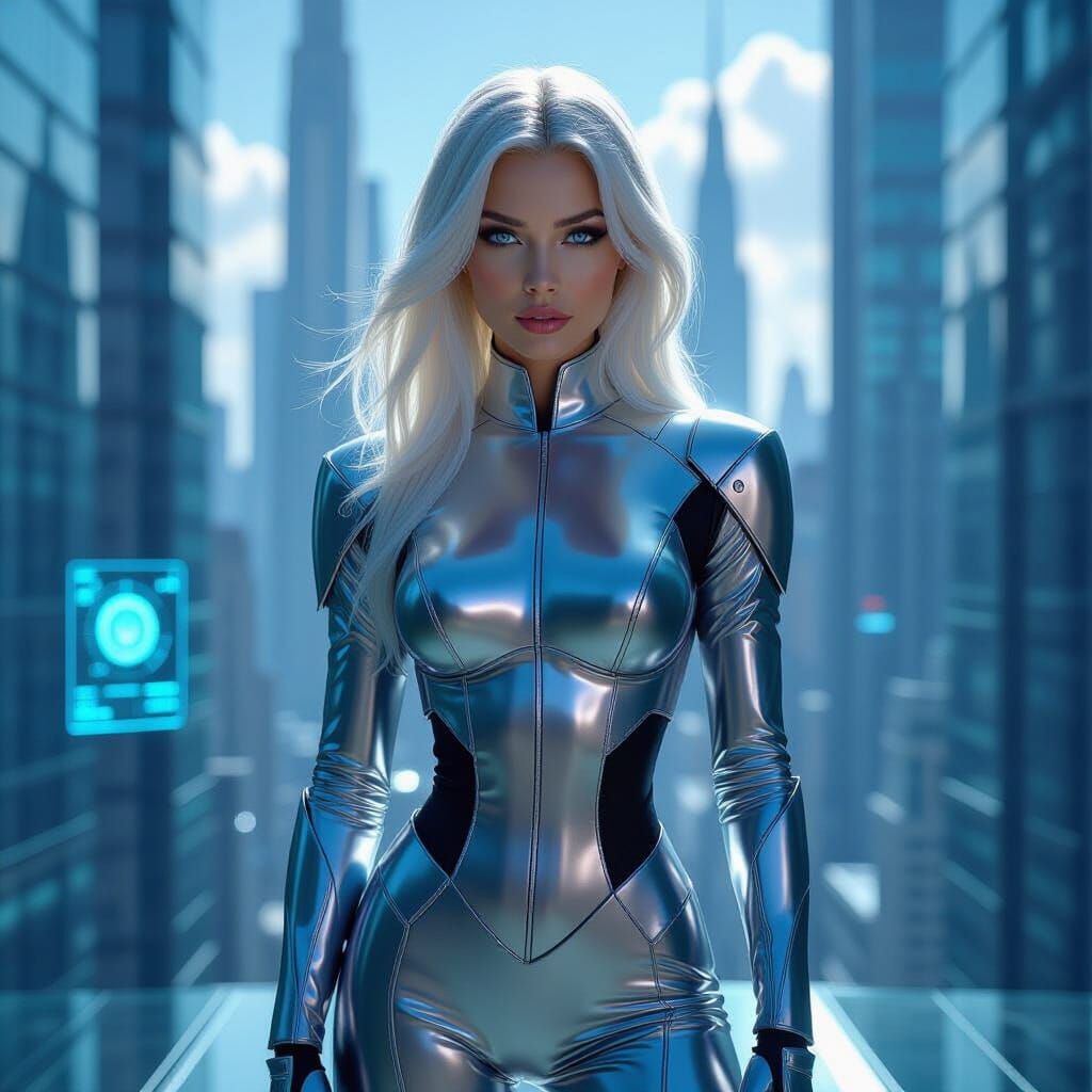Futuristic Chrome Goddess in Cyberpunk Cityscape