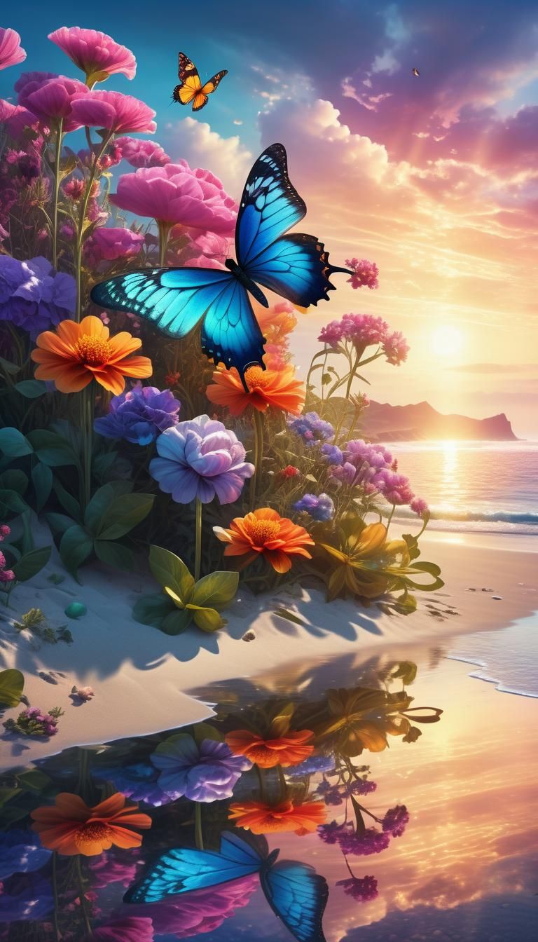 Blooming Flowers and Butterfly at Dusk