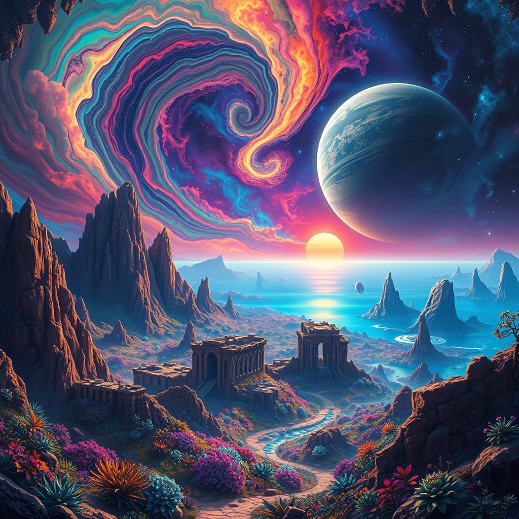 Otherworldly Alien Landscape in Vibrant Nebula Sky