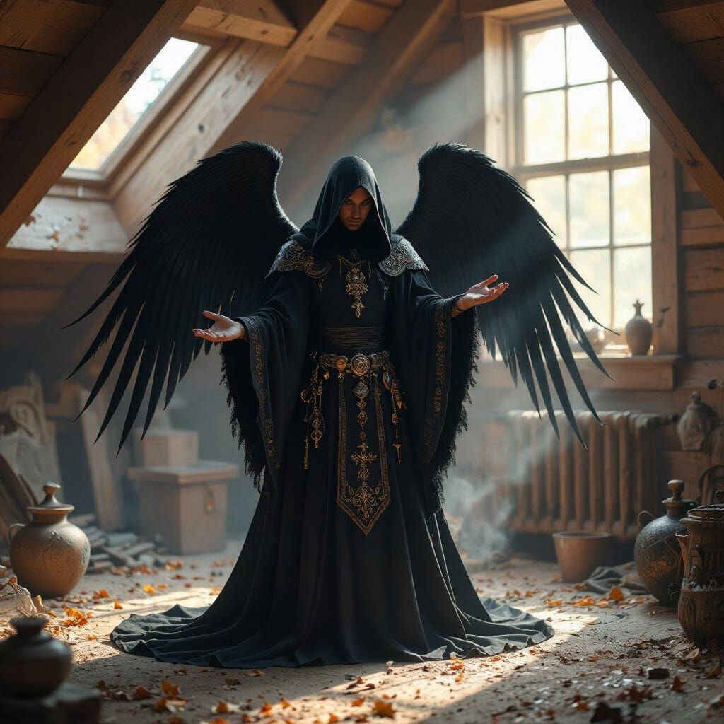 Enochian Angel Performing Magic in Dusty Attic