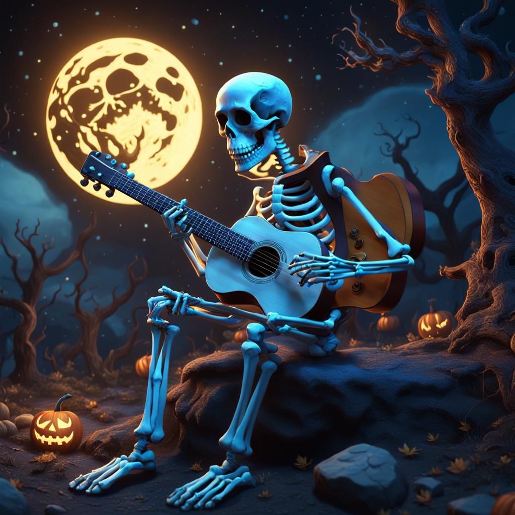 Skeleton Guitarist Under Moonlight: Fantasy Concept Art
