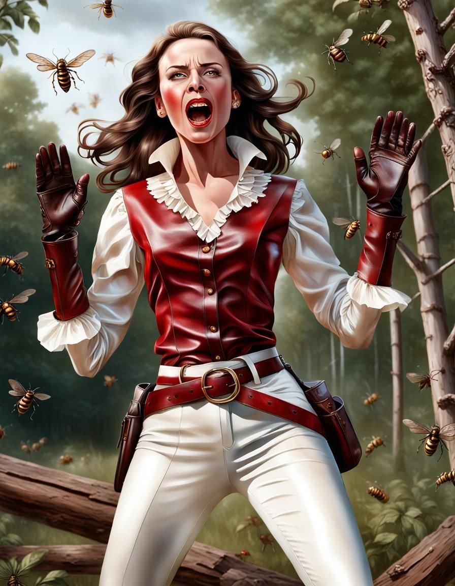Woman Screaming in Fear Surrounded by Wasps