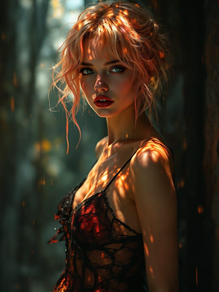 Halloween Pin-Up Woman in Luminous Distorted Light