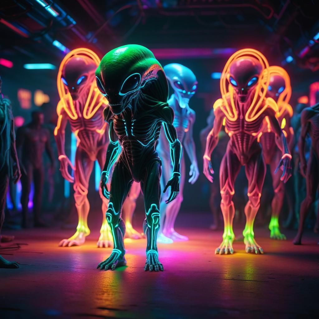 Neon Crowd with Alien Hologram in 3D Style