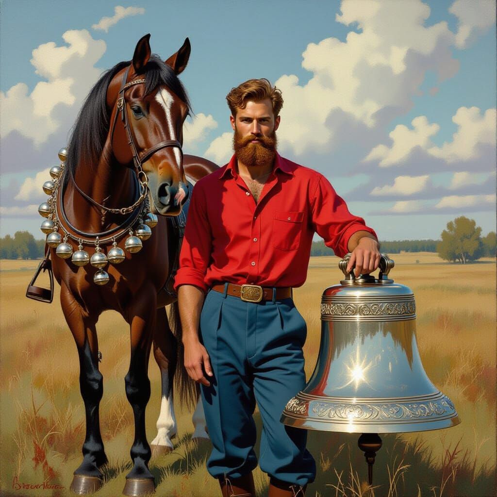 Man with Silver Bell and Horse in Vibrant Realism