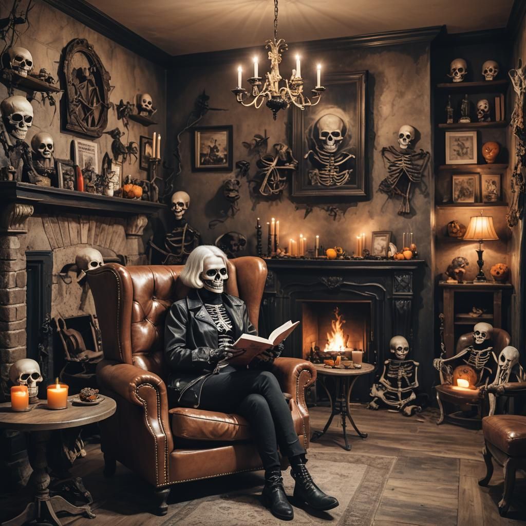 Woman Reading in Cozy Halloween Cafeteria