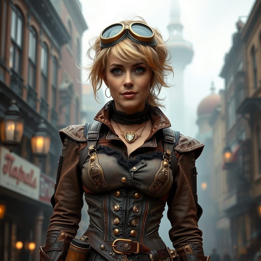 Steampunk Meg Ryan in Victorian Cityscape