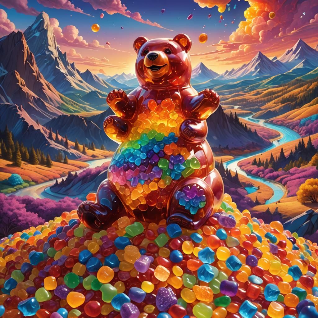 Crystal Gummy Bear on Candy Mountain in Fantasy Art