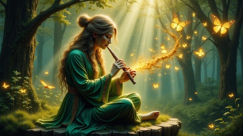Enchanted Forest Flutist in Embroidered Robes