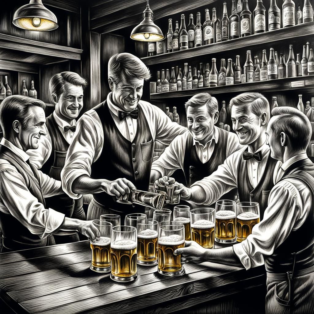 Oktoberfest Bar Scene in Detailed Charcoal Drawing