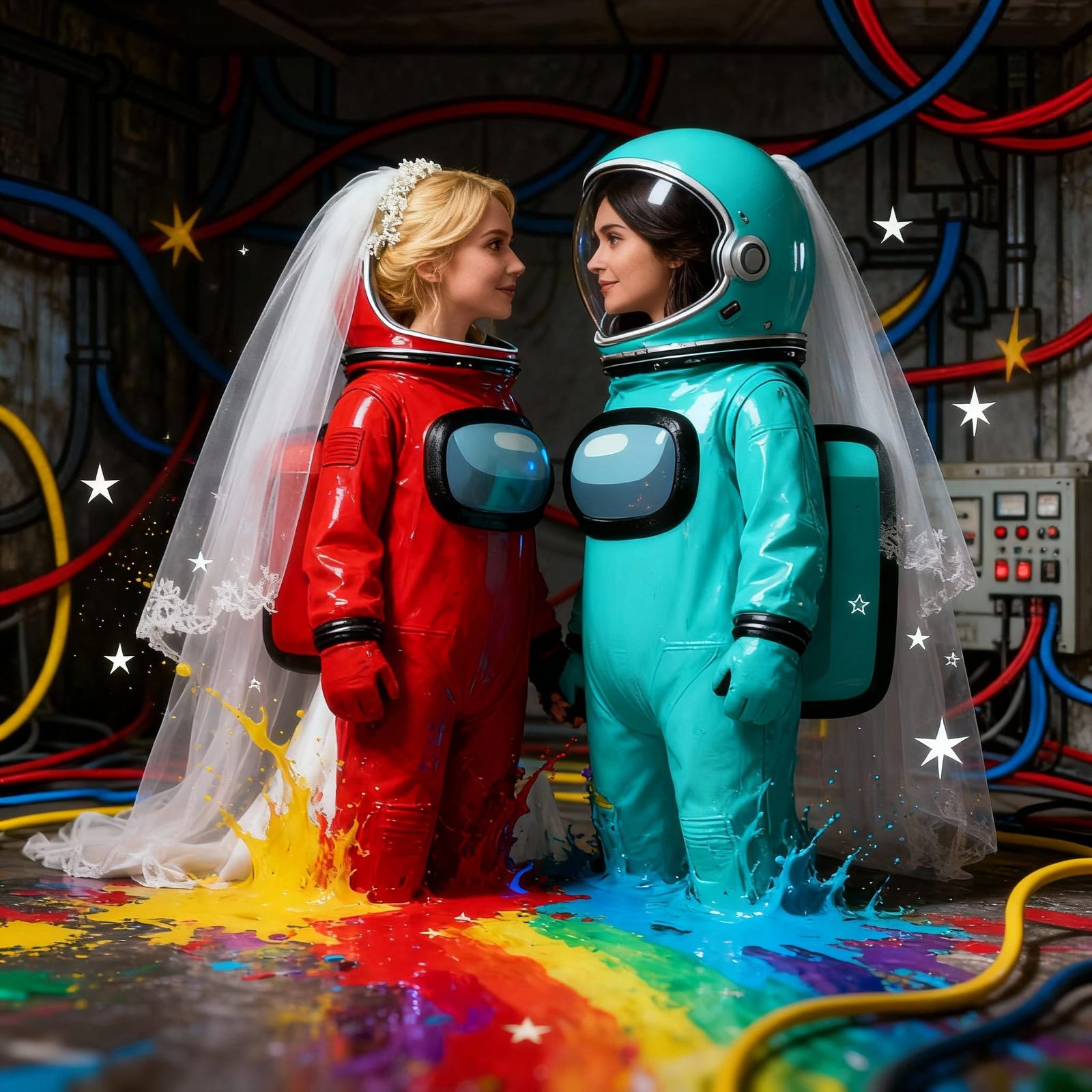 Among Us Brides Exchange Vows Amidst Rainbow Space Explosion