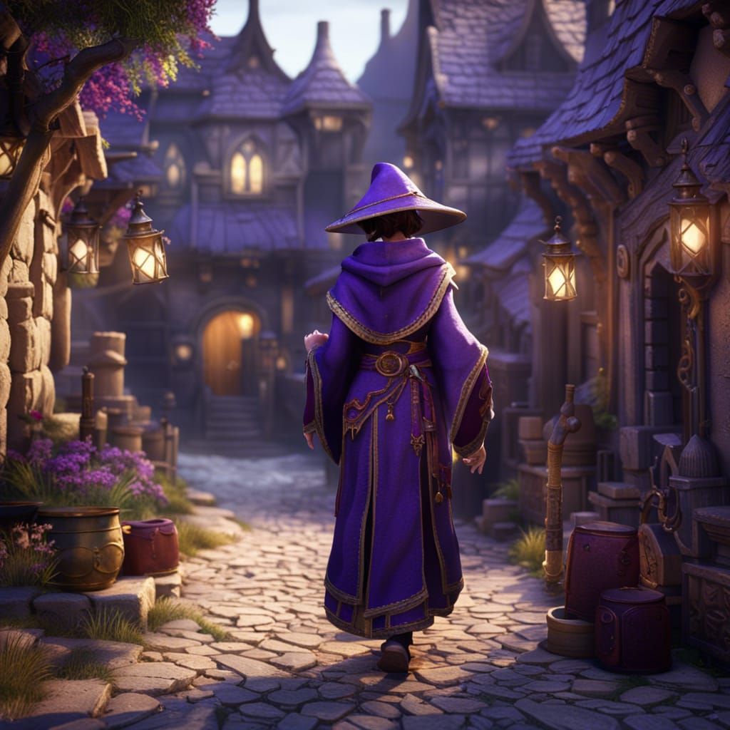 A mysterious female mage walking in a normal little village. Wearing an intricate and beautiful purple robes and gilded ...