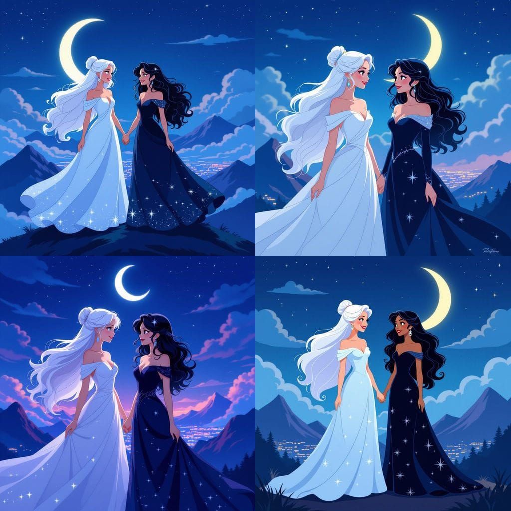 Two Women Meet Under Crescent Moon in Cartoon Style