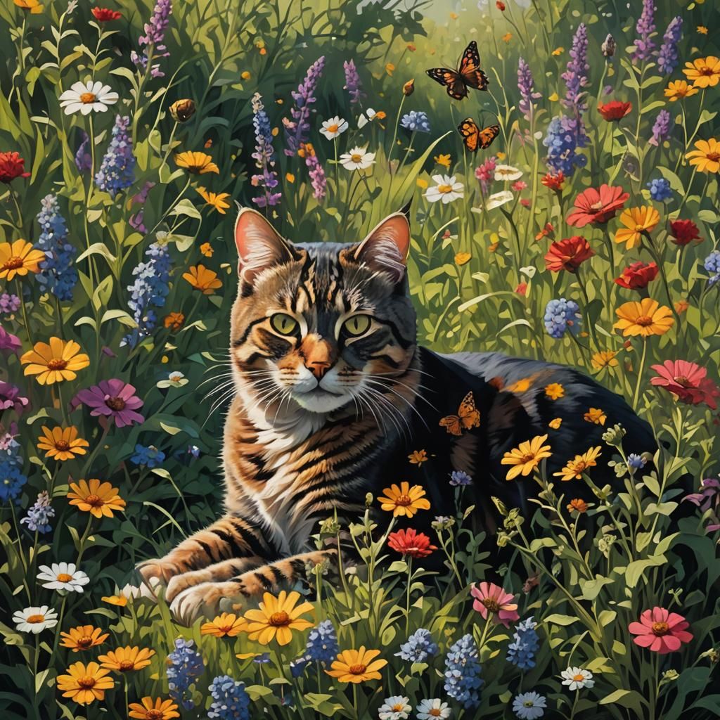 Cat Nap in a Surrealist Flower Meadow