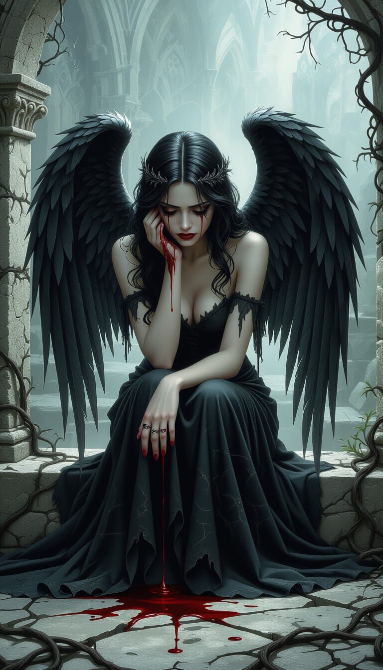 Gothic Angel Weeping in Crypt, Anne Stokes Style