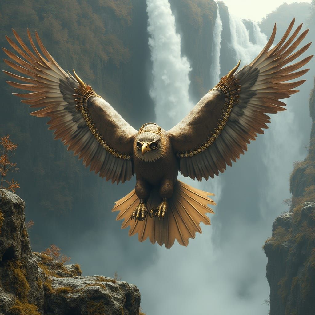 Steampunk Eagle Soaring by Waterfall in Victorian Style